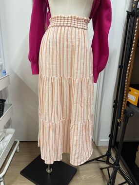Marine Layer Striped Tiered Maxi Skirt in Peach, Pink and Cream